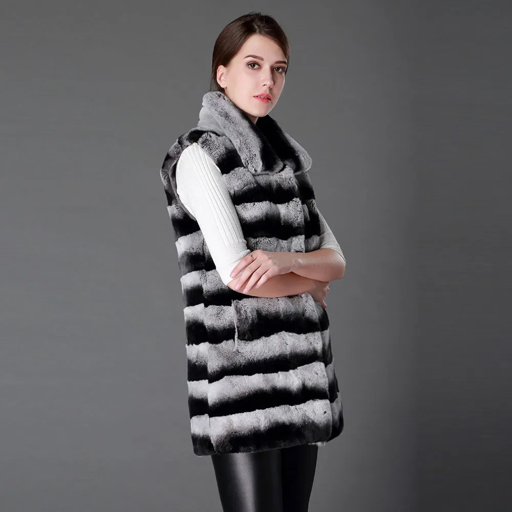 Real Rex Rabbit Fur Chinchilla Color Turn-down Collar Natural Fur Vest