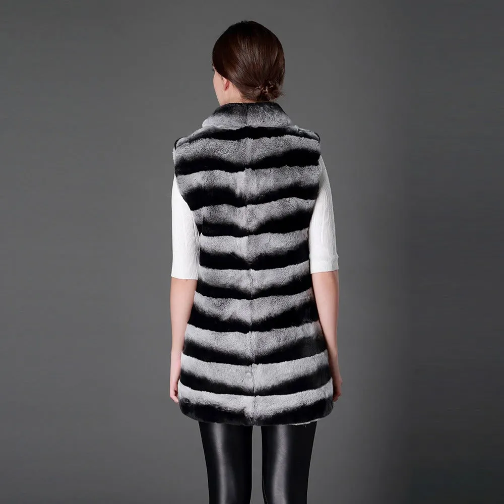 Real Rex Rabbit Fur Chinchilla Color Turn-down Collar Natural Fur Vest