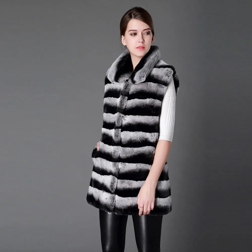 Real Rex Rabbit Fur Chinchilla Color Turn-down Collar Natural Fur Vest