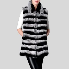 Real Rex Rabbit Fur Chinchilla Color Turn-down Collar Natural Fur Vest