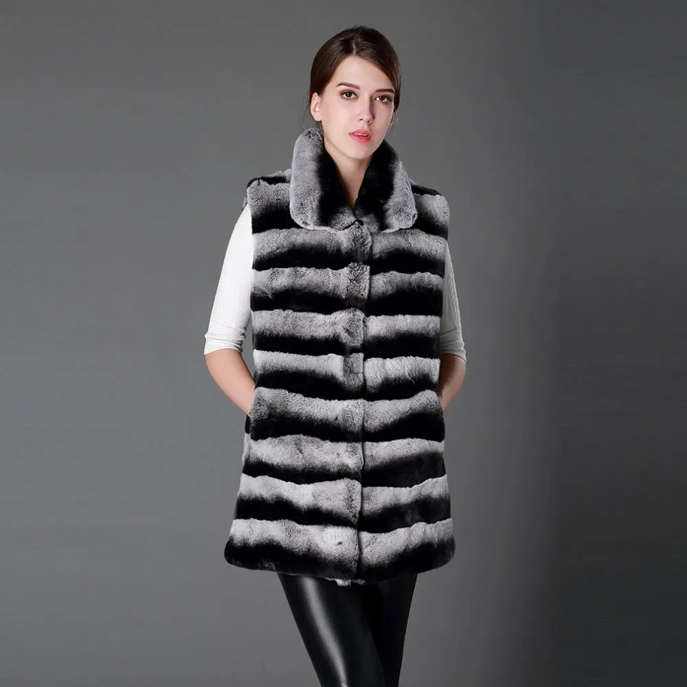Real Rex Rabbit Fur Chinchilla Color Turn-down Collar Natural Fur Vest