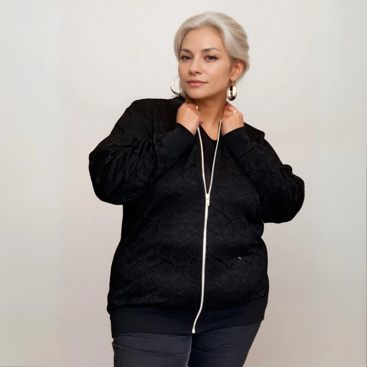 ROCKTHOSECURVES PRETTY LACE ZIP UP LONG SLEEVE BOMBER JACKET