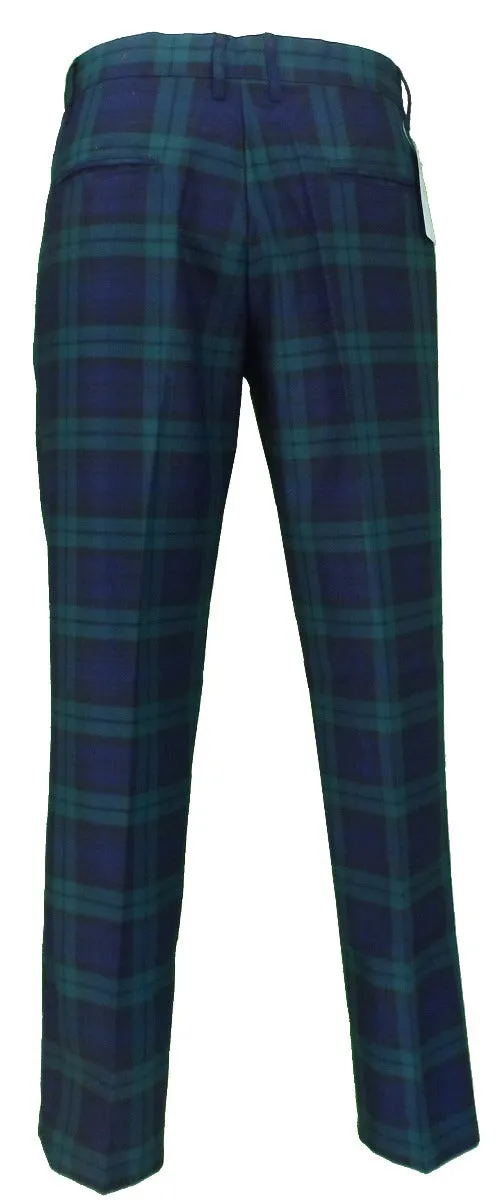 Run & Fly Mens 60s Vintage Retro Mod Checked Blackwatch Tartan Skinny Fit Trousers
