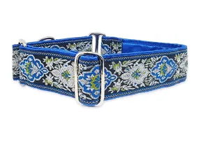Salzburg in Blue & Silver - Martingale Dog Collar or Buckle Dog Collar - 1.5" Width