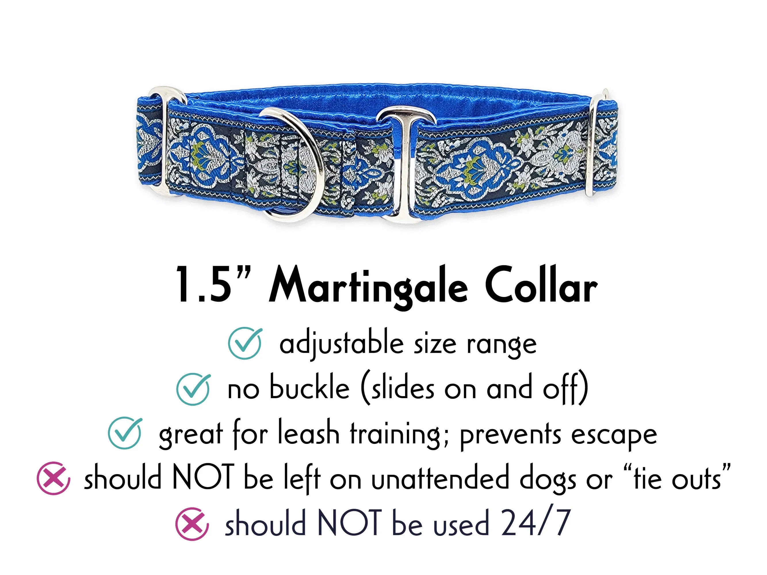 Salzburg in Blue & Silver - Martingale Dog Collar or Buckle Dog Collar - 1.5" Width