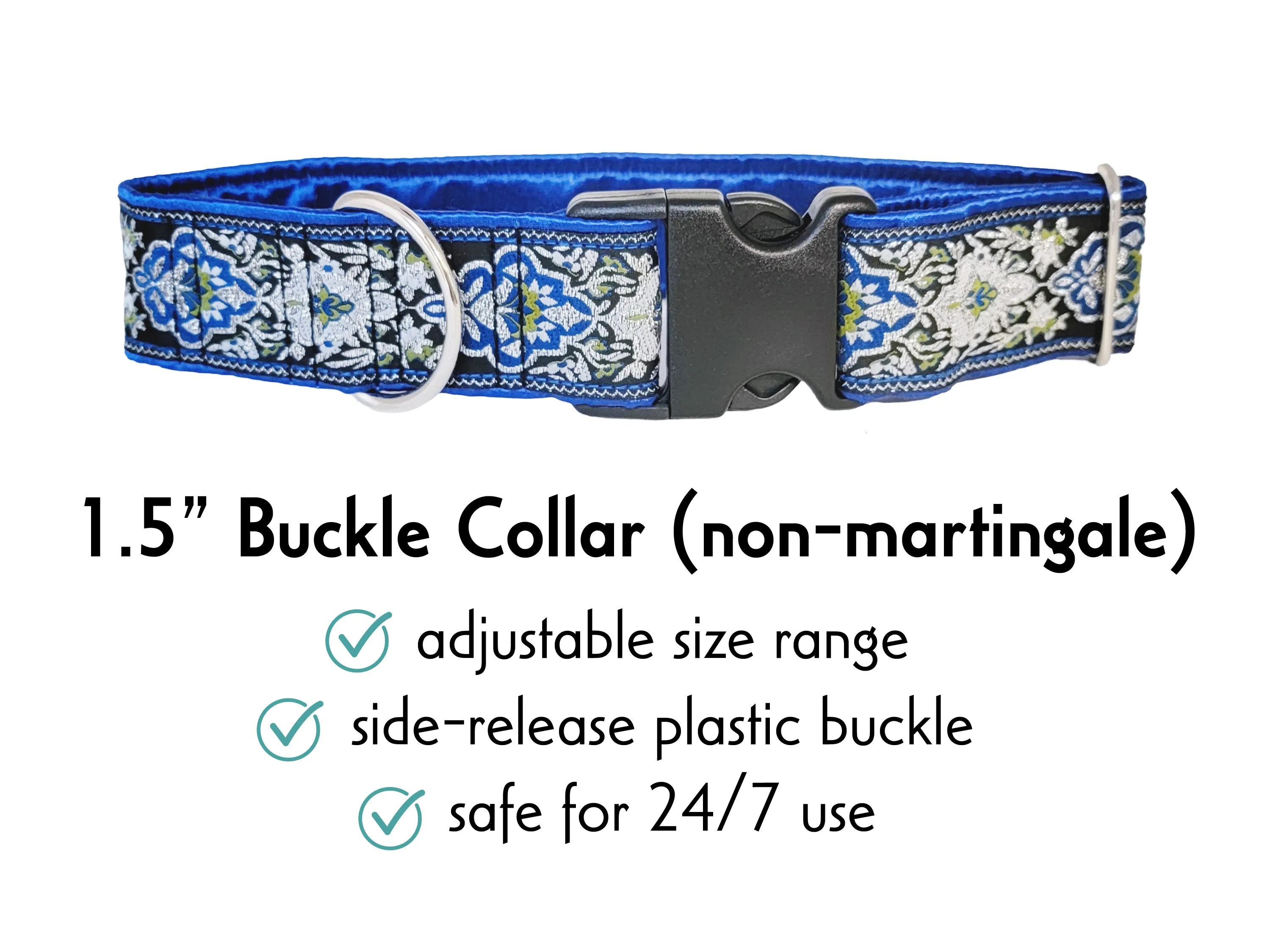 Salzburg in Blue & Silver - Martingale Dog Collar or Buckle Dog Collar - 1.5" Width