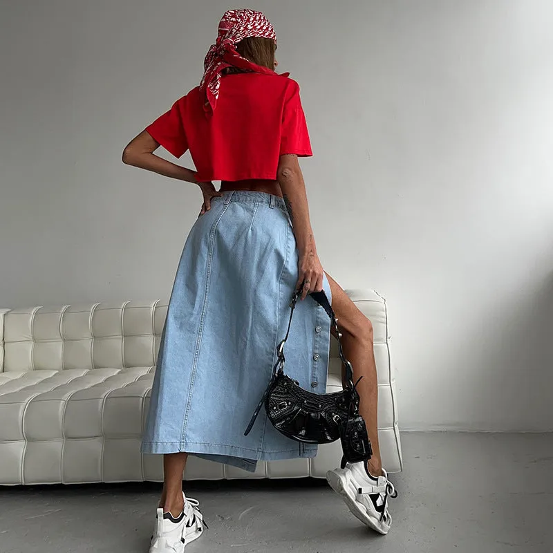Sexy Split Denim Midi Skirt