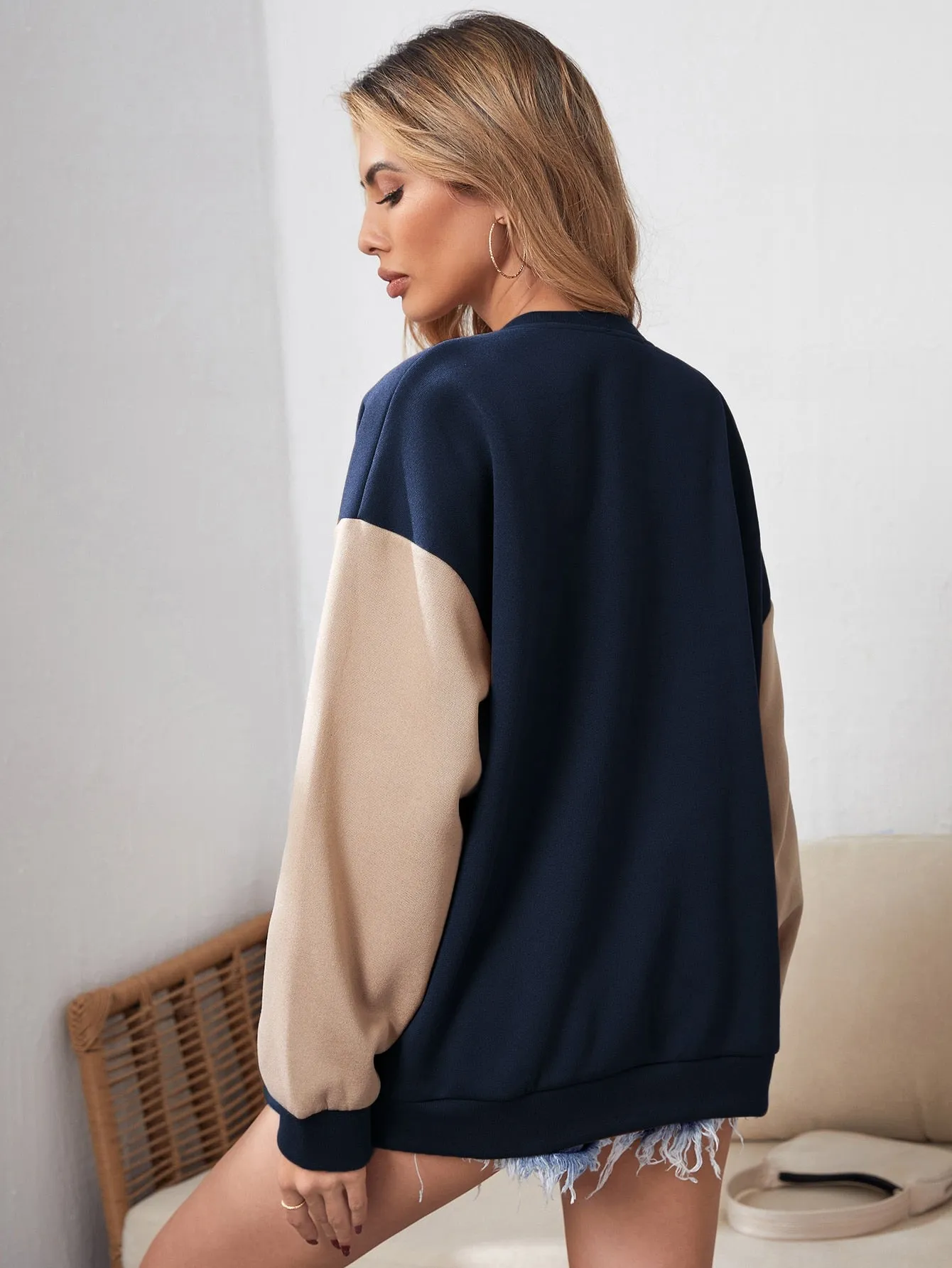 SHEIN MOOSTA Letter Graphic Colorblock Drop Shoulder Button Front Jacket