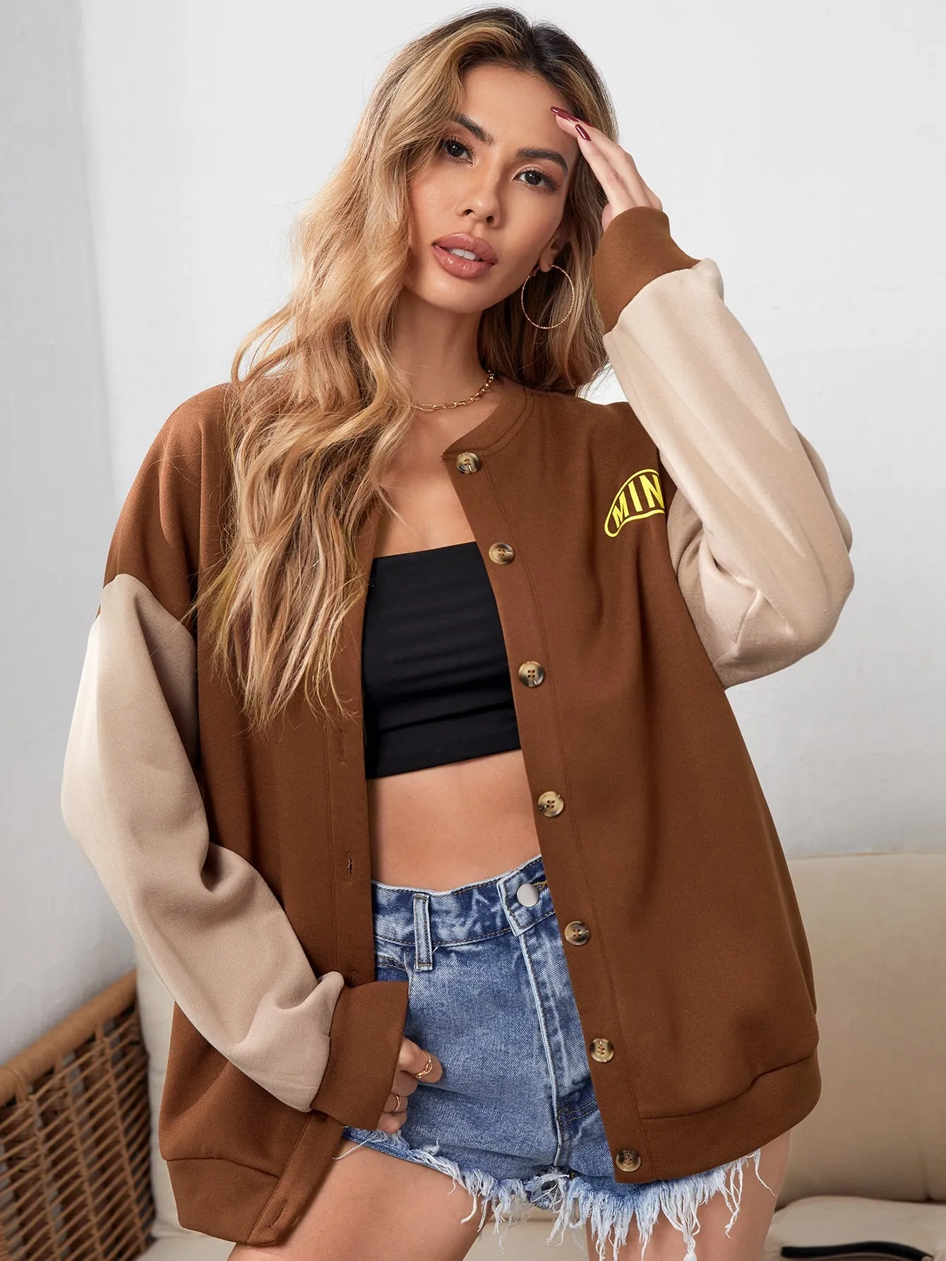 SHEIN MOOSTA Letter Graphic Colorblock Drop Shoulder Button Front Jacket