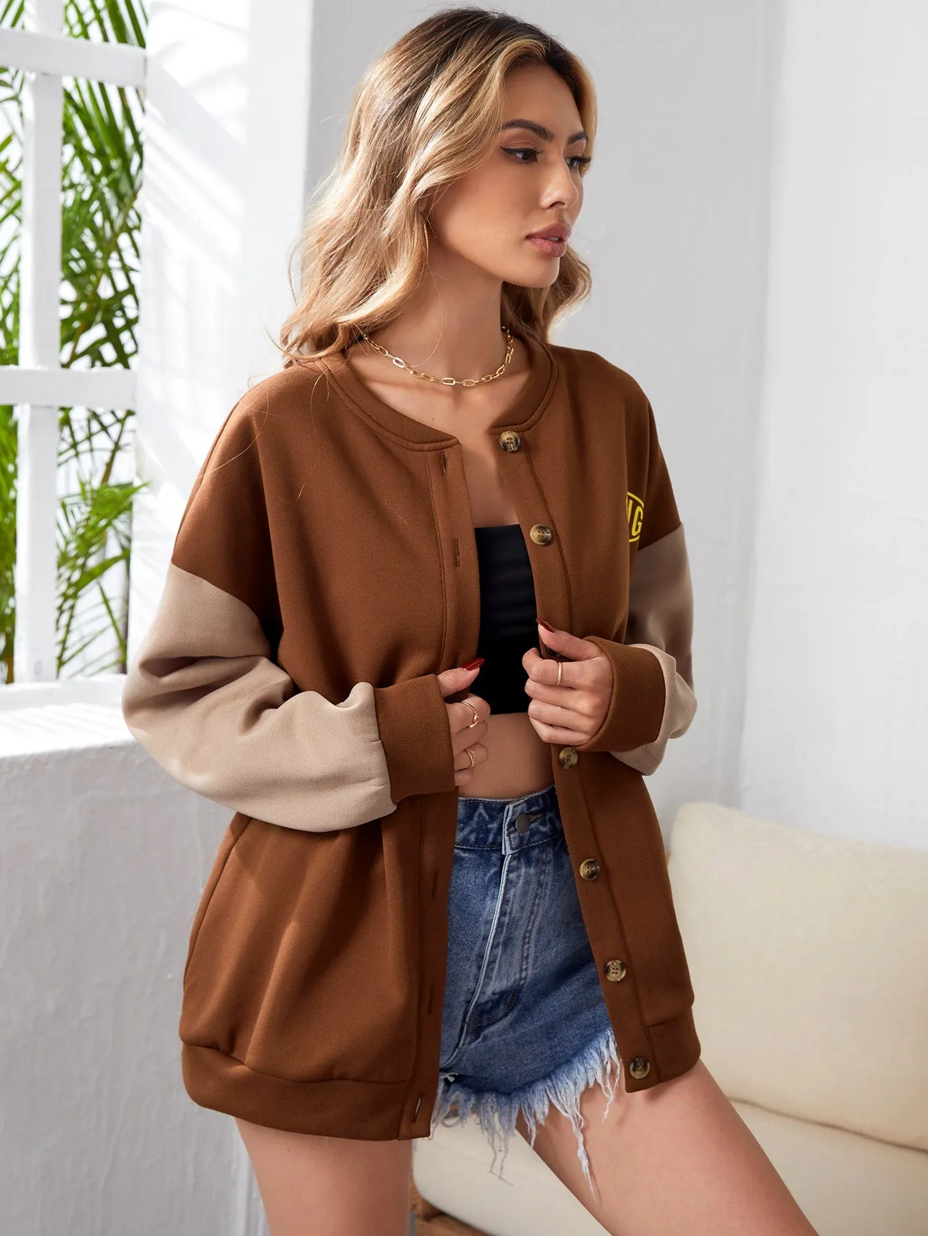 SHEIN MOOSTA Letter Graphic Colorblock Drop Shoulder Button Front Jacket