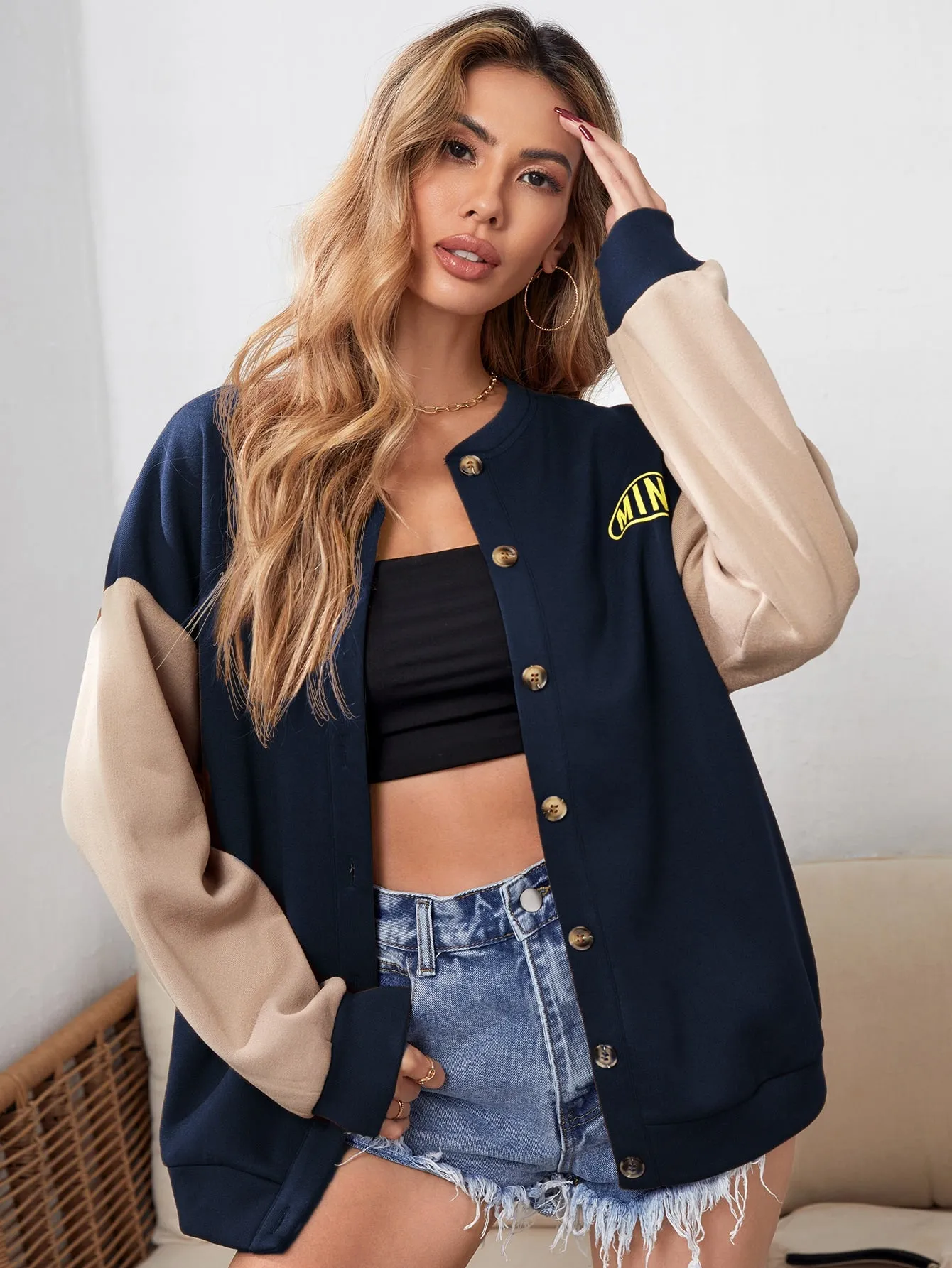 SHEIN MOOSTA Letter Graphic Colorblock Drop Shoulder Button Front Jacket