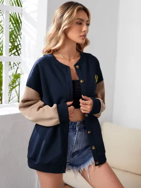 SHEIN MOOSTA Letter Graphic Colorblock Drop Shoulder Button Front Jacket