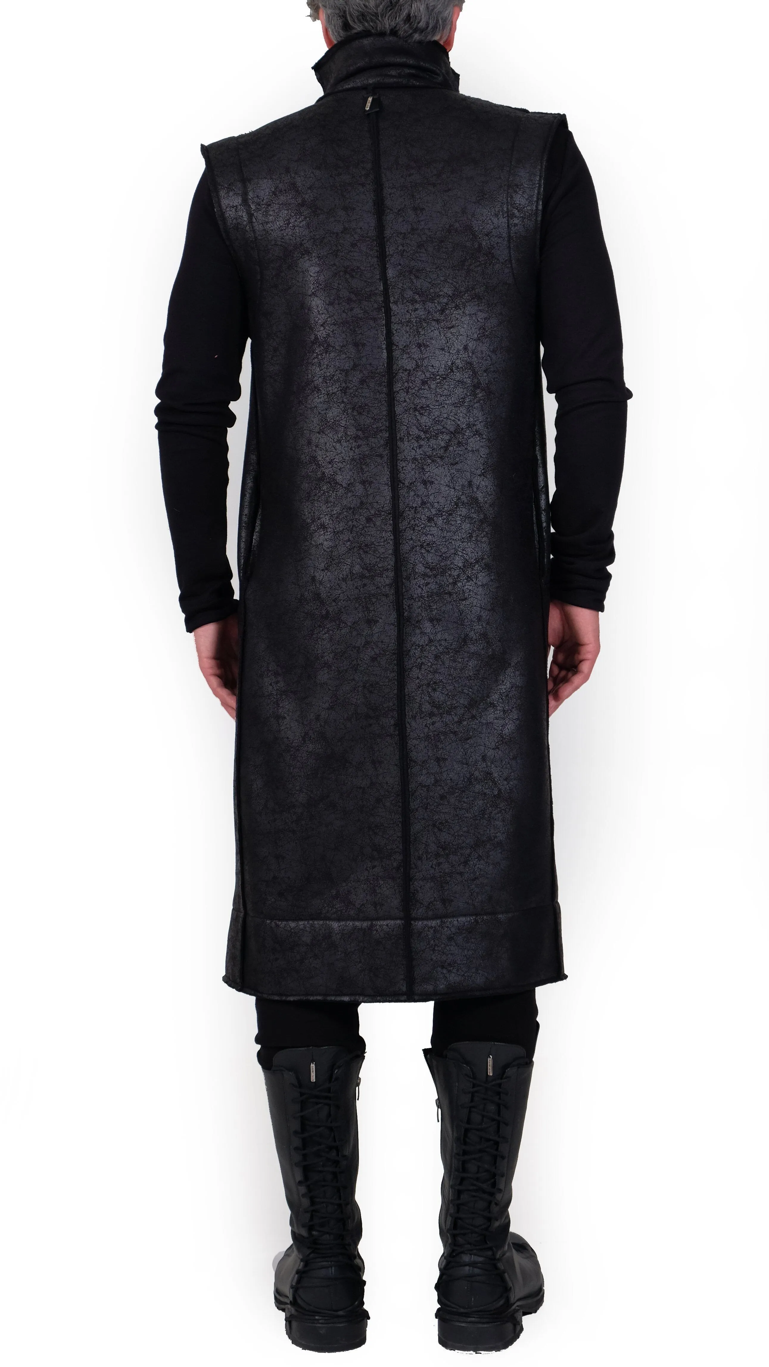Sleeveless Leather Effect Coat with Zippers