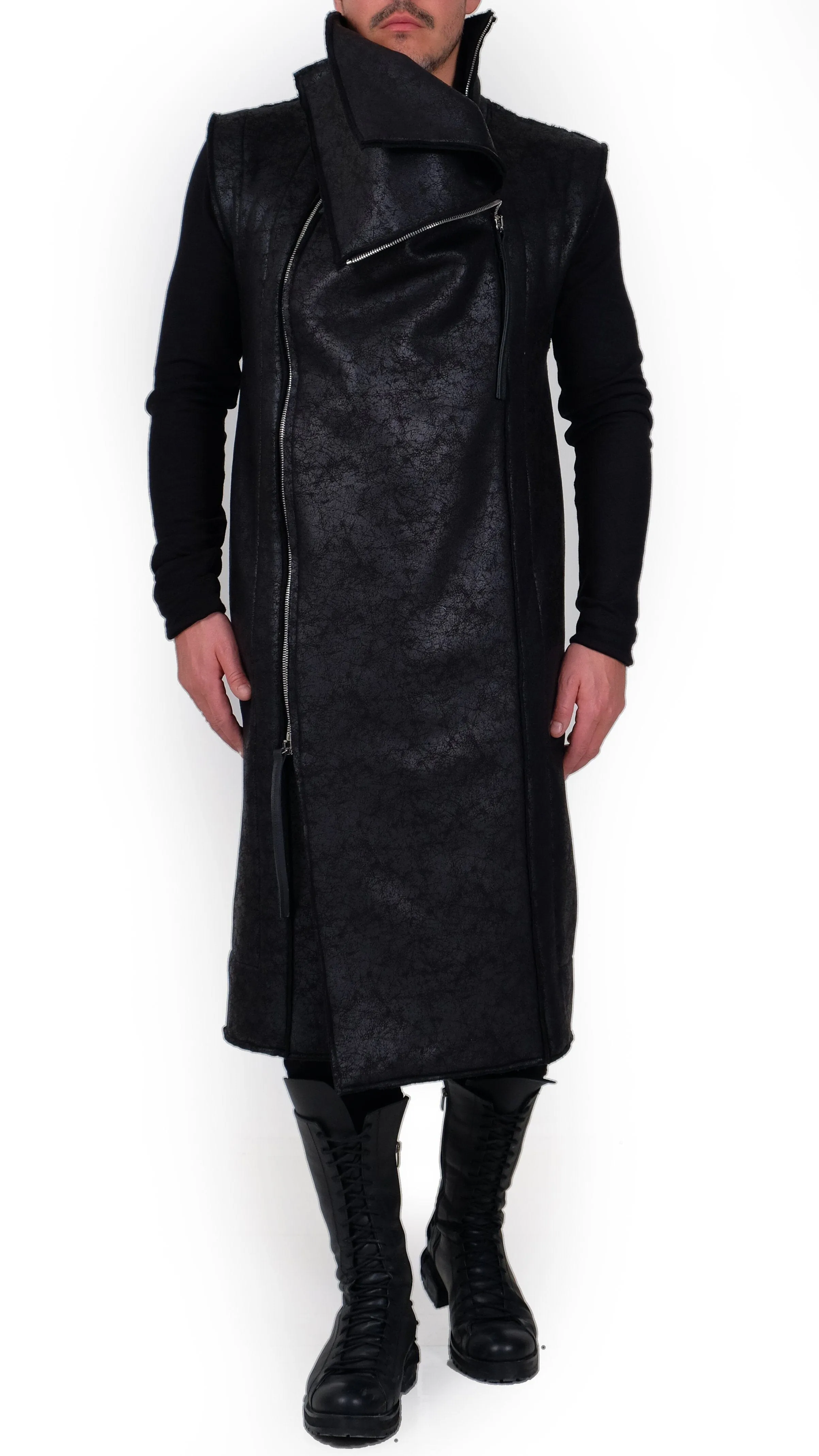 Sleeveless Leather Effect Coat with Zippers
