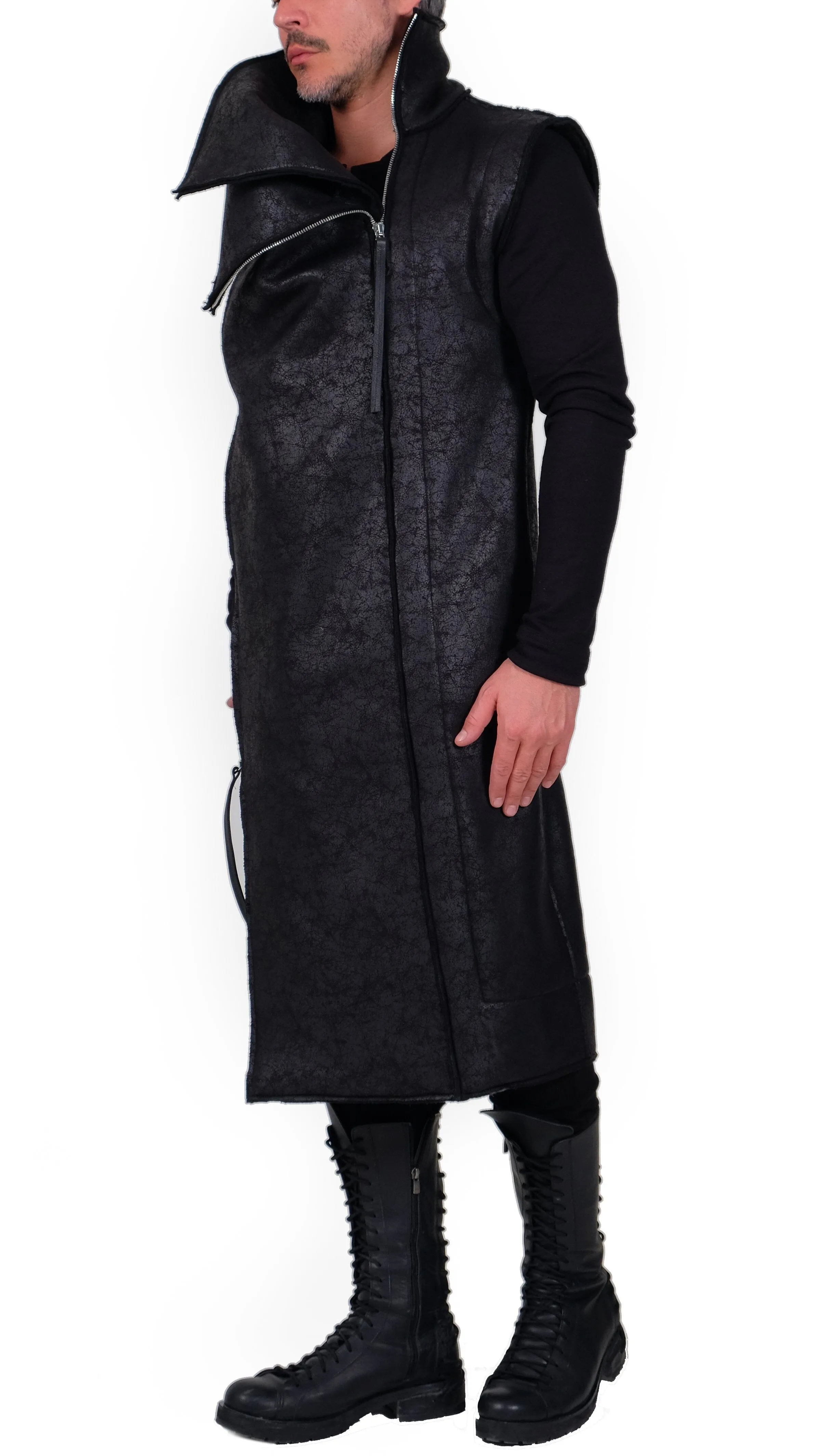 Sleeveless Leather Effect Coat with Zippers