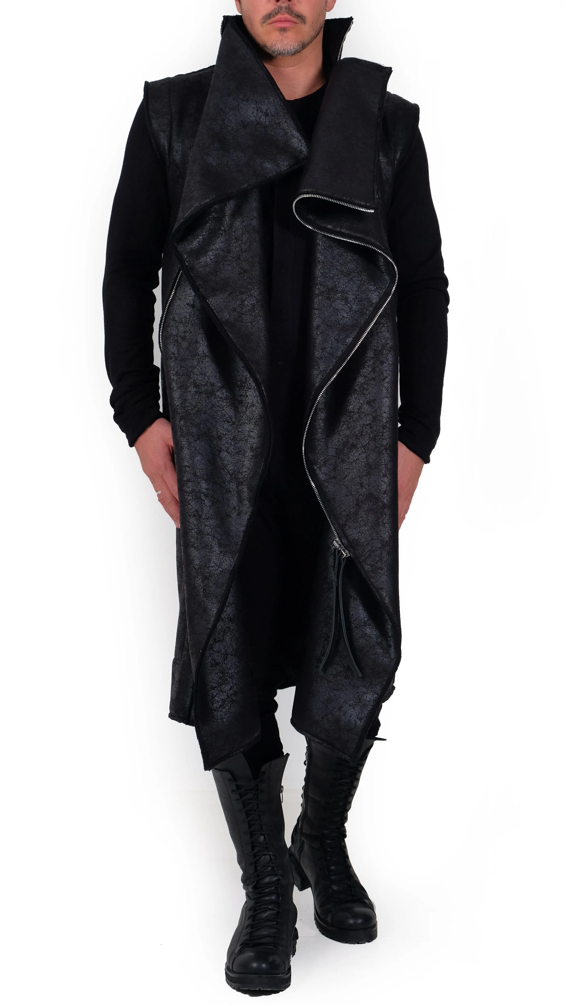 Sleeveless Leather Effect Coat with Zippers
