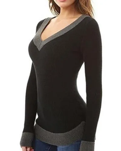 Slim V-Neck Long Sleeve Colorblock T-Shirt