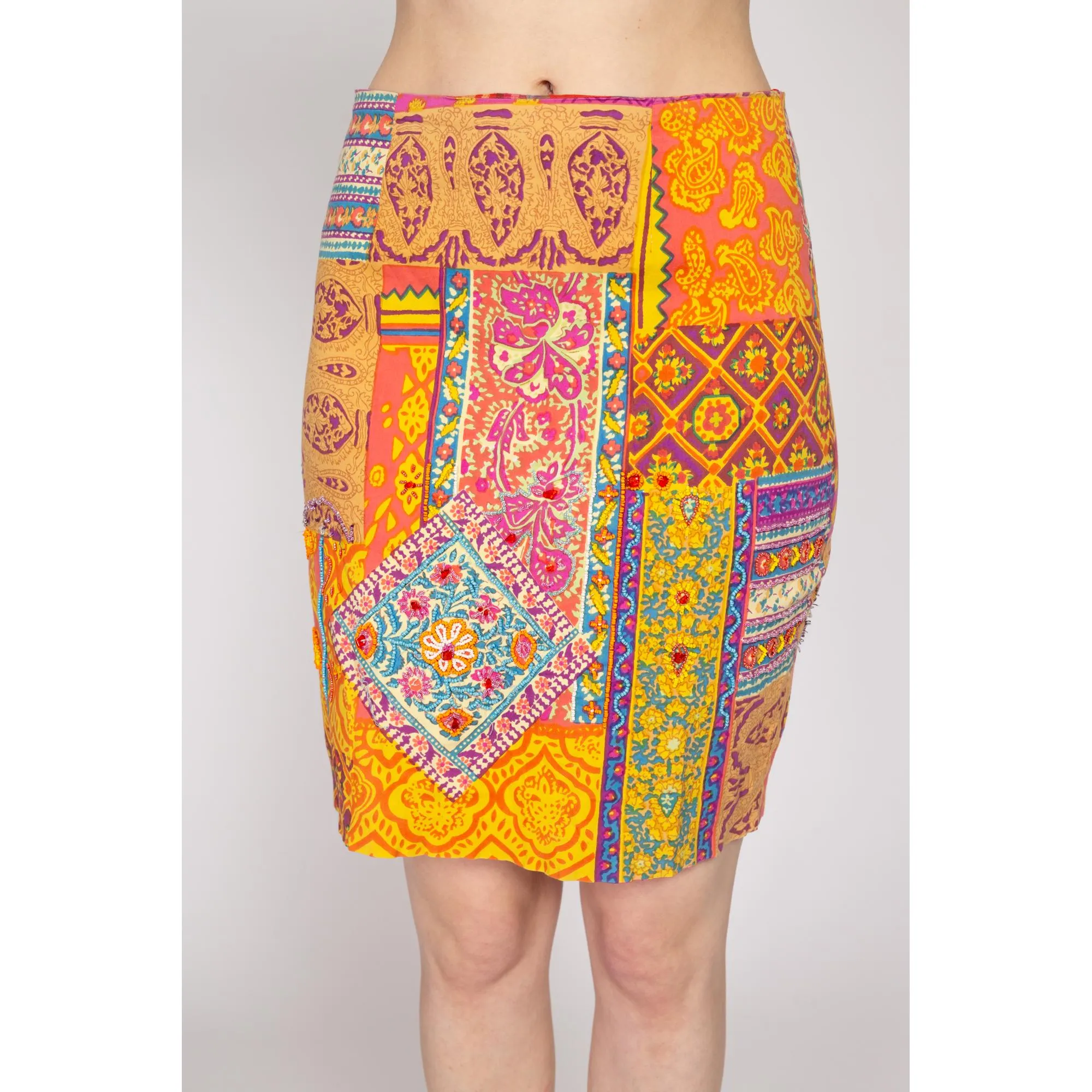 Small 90s Baroque Patchwork Print Beaded Mini Skirt