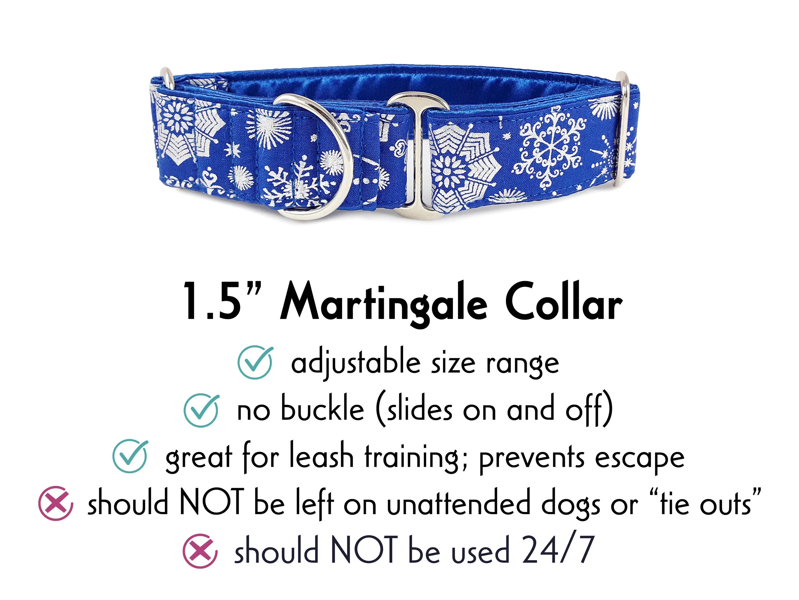 Snowflakes in Blue - Martingale Dog Collar or Buckle Dog Collar - 1.5" Width