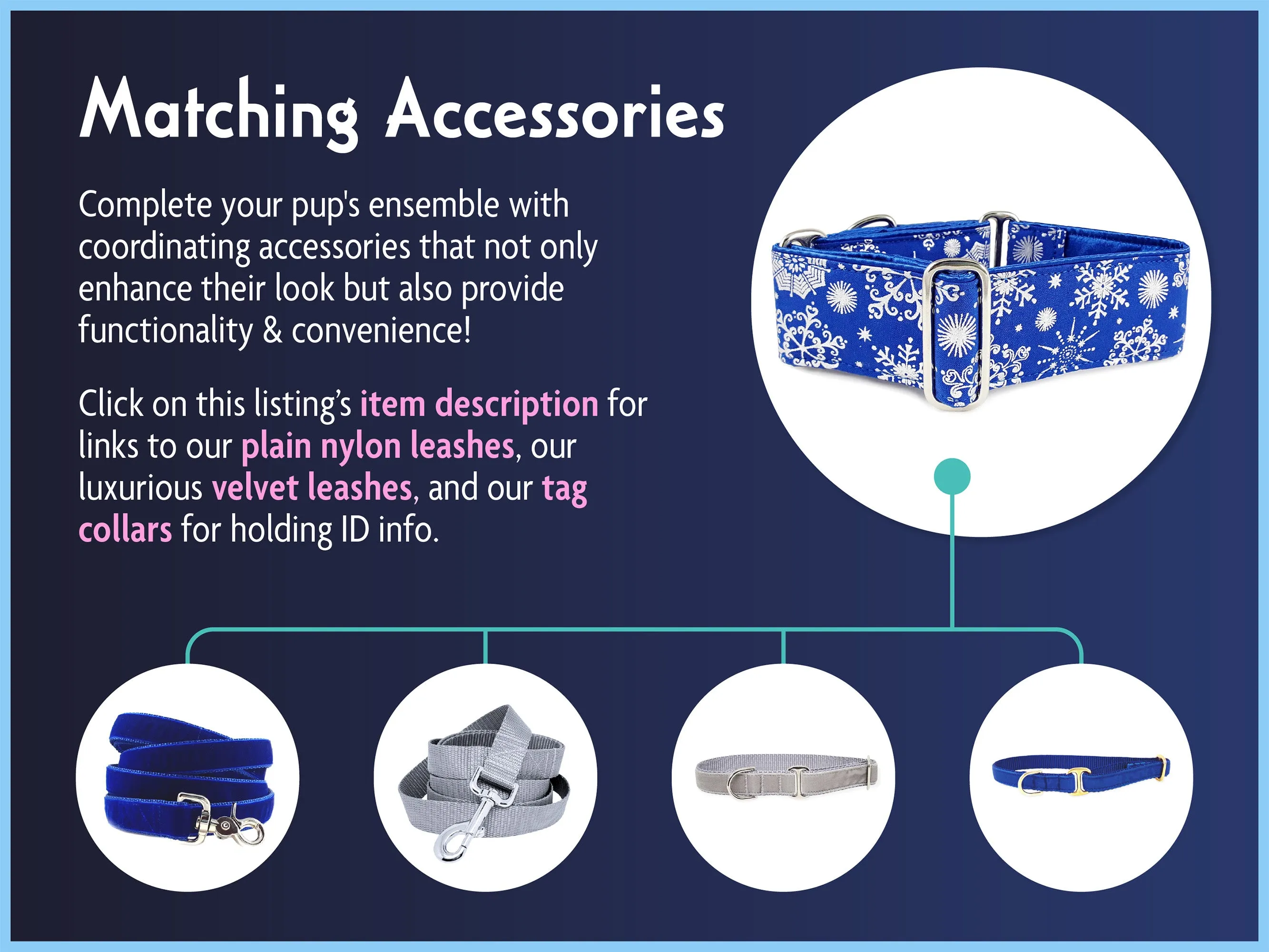 Snowflakes in Blue - Martingale Dog Collar or Buckle Dog Collar - 1.5" Width