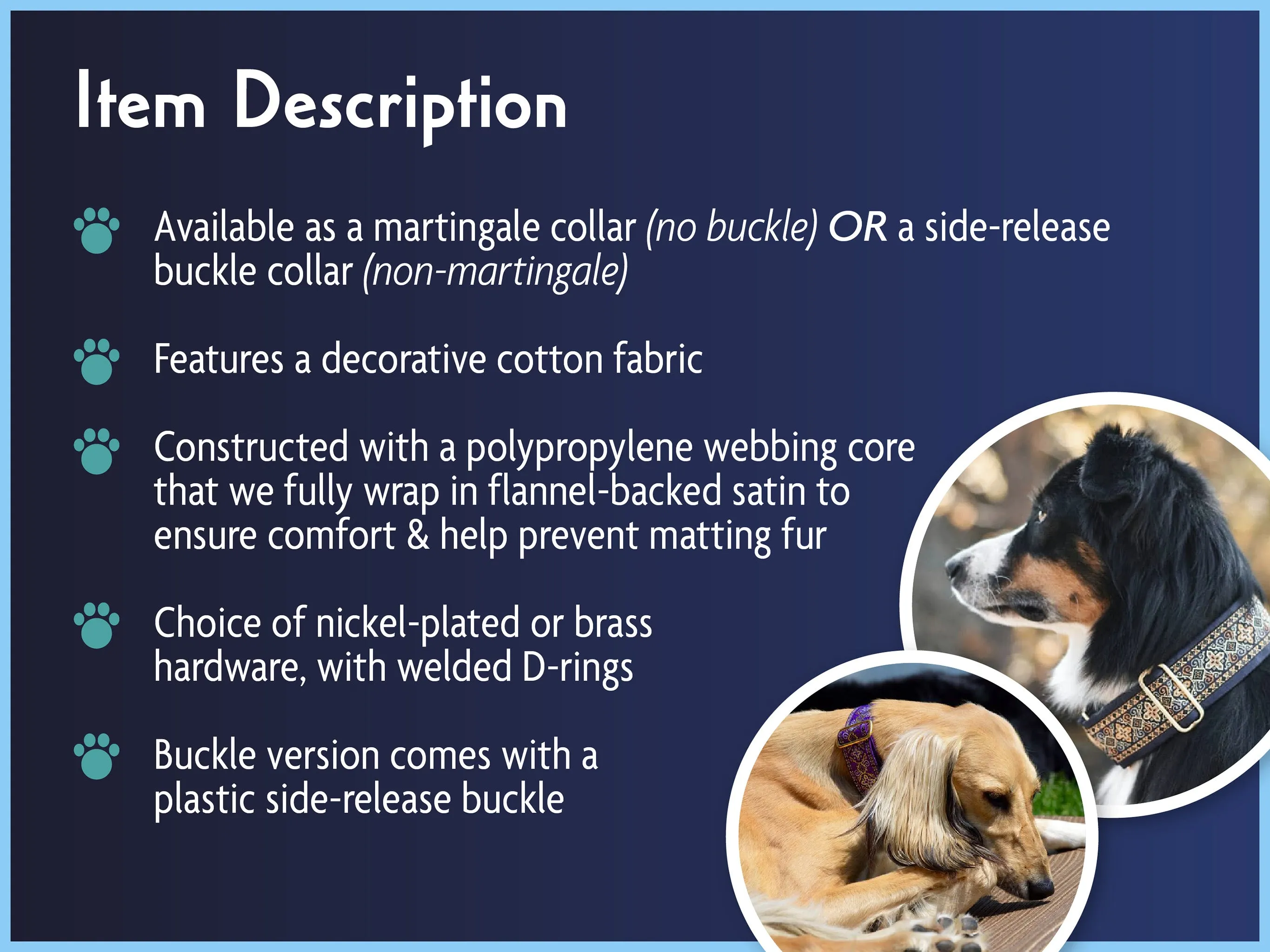Snowflakes in Blue - Martingale Dog Collar or Buckle Dog Collar - 1.5" Width