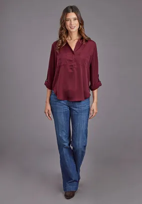 Stetson Women's Wine Satin ¾ Sleeve Blouse