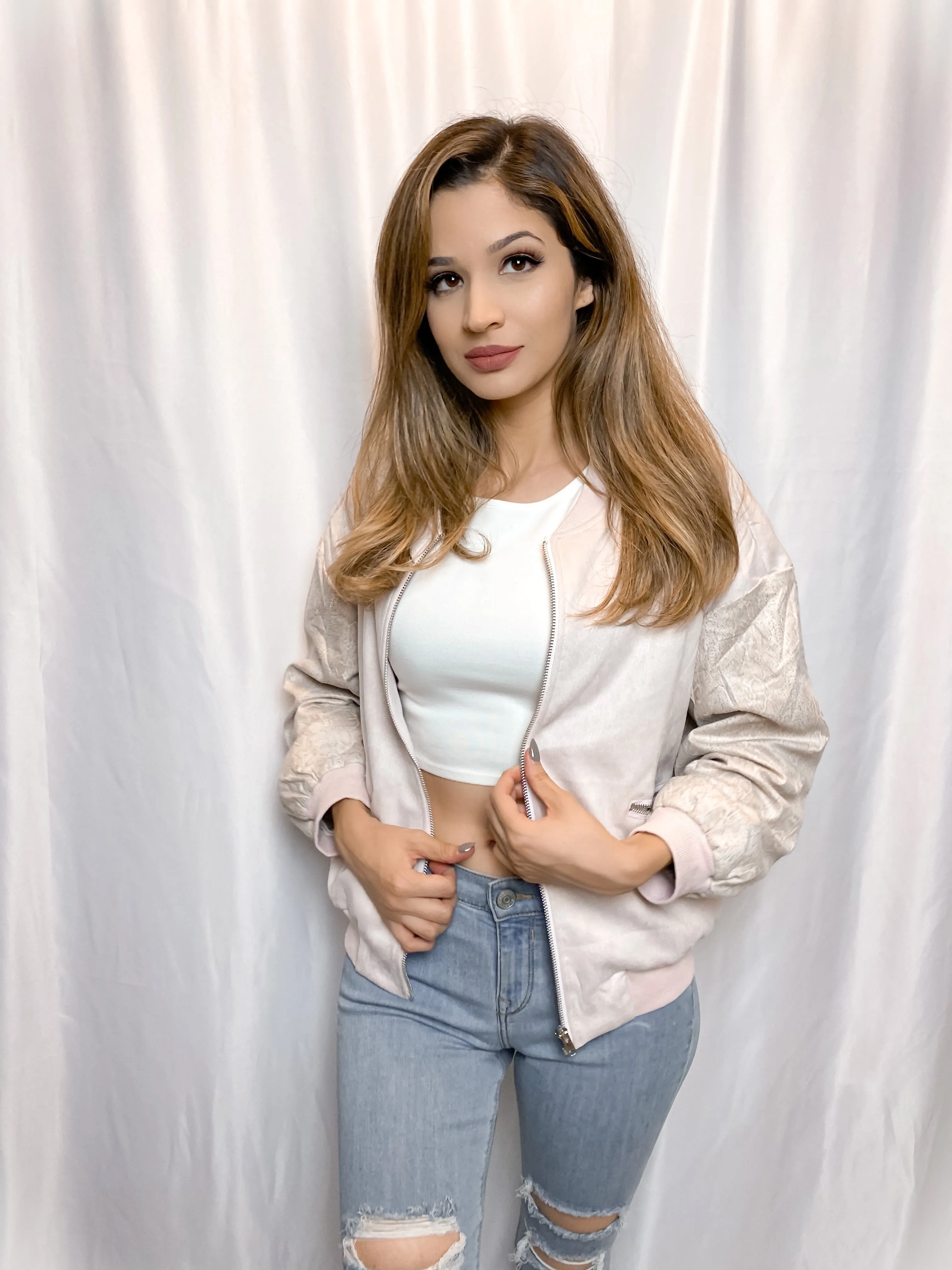 Suede Snakeskin Blush Bomber Jacket