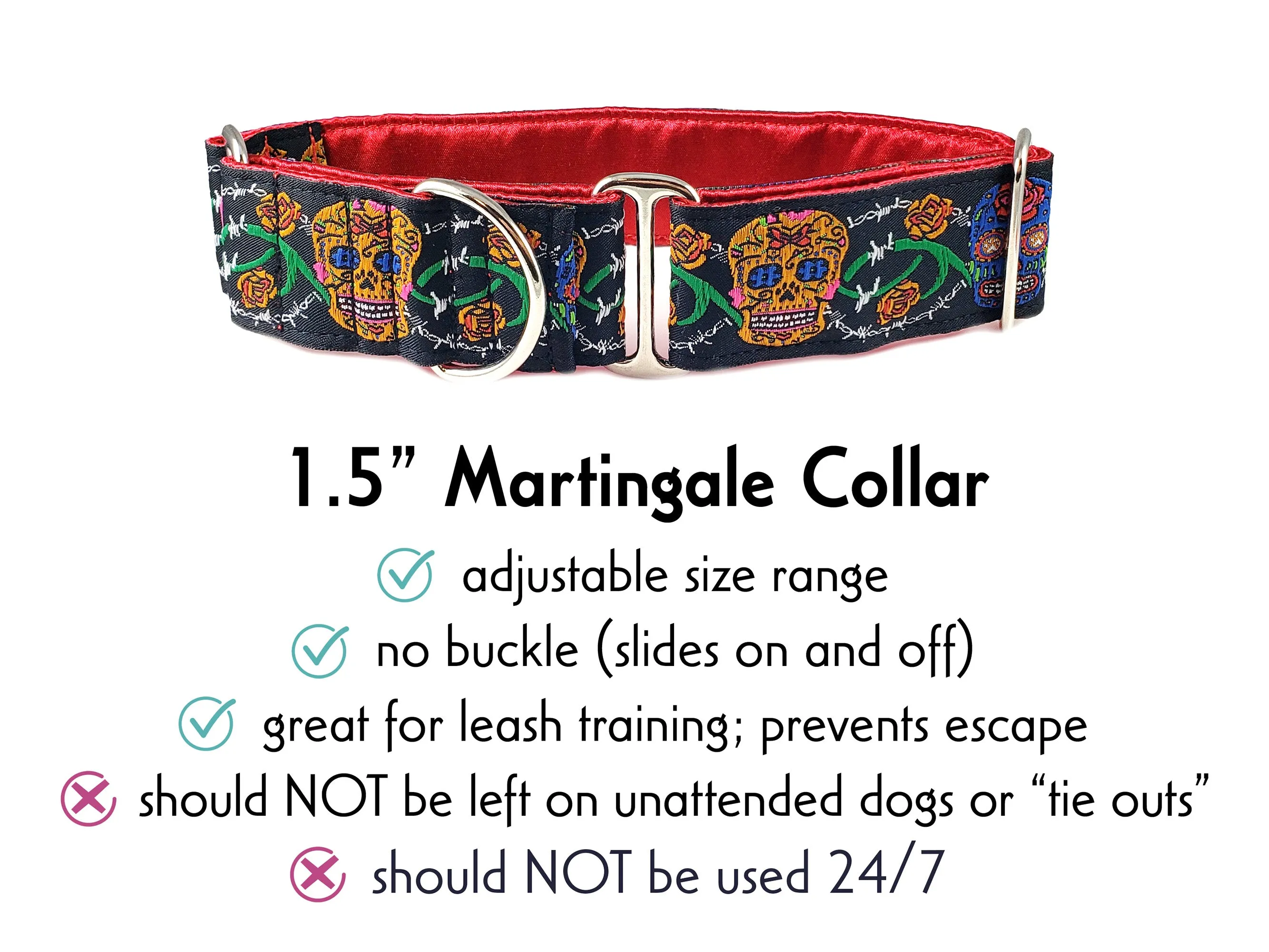 Sugar Skulls in Black - Martingale Dog Collar or Buckle Dog Collar - 1.5" Width