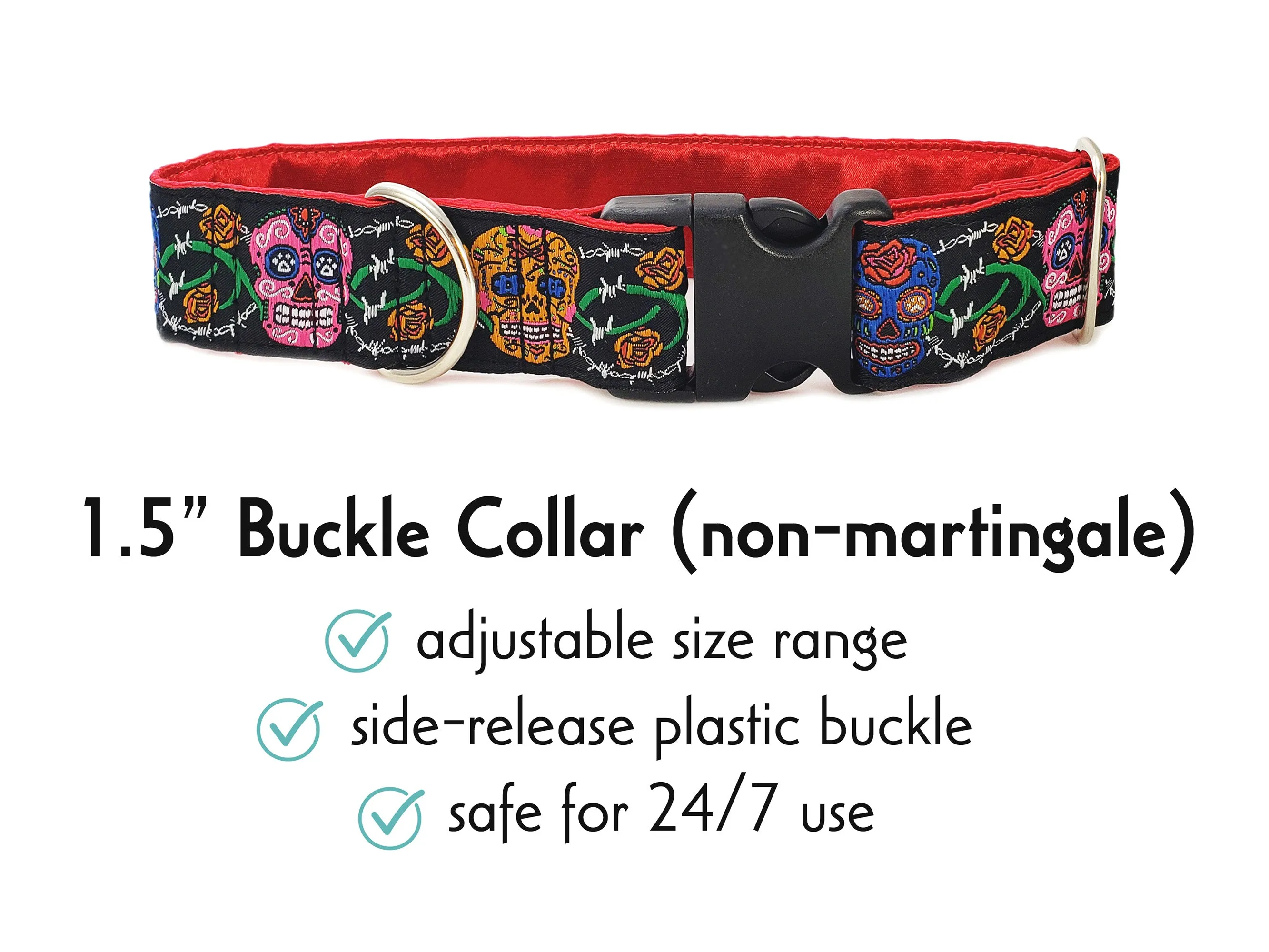 Sugar Skulls in Black - Martingale Dog Collar or Buckle Dog Collar - 1.5" Width