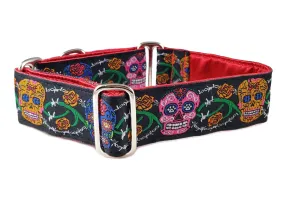 Sugar Skulls in Black - Martingale Dog Collar or Buckle Dog Collar - 1.5" Width