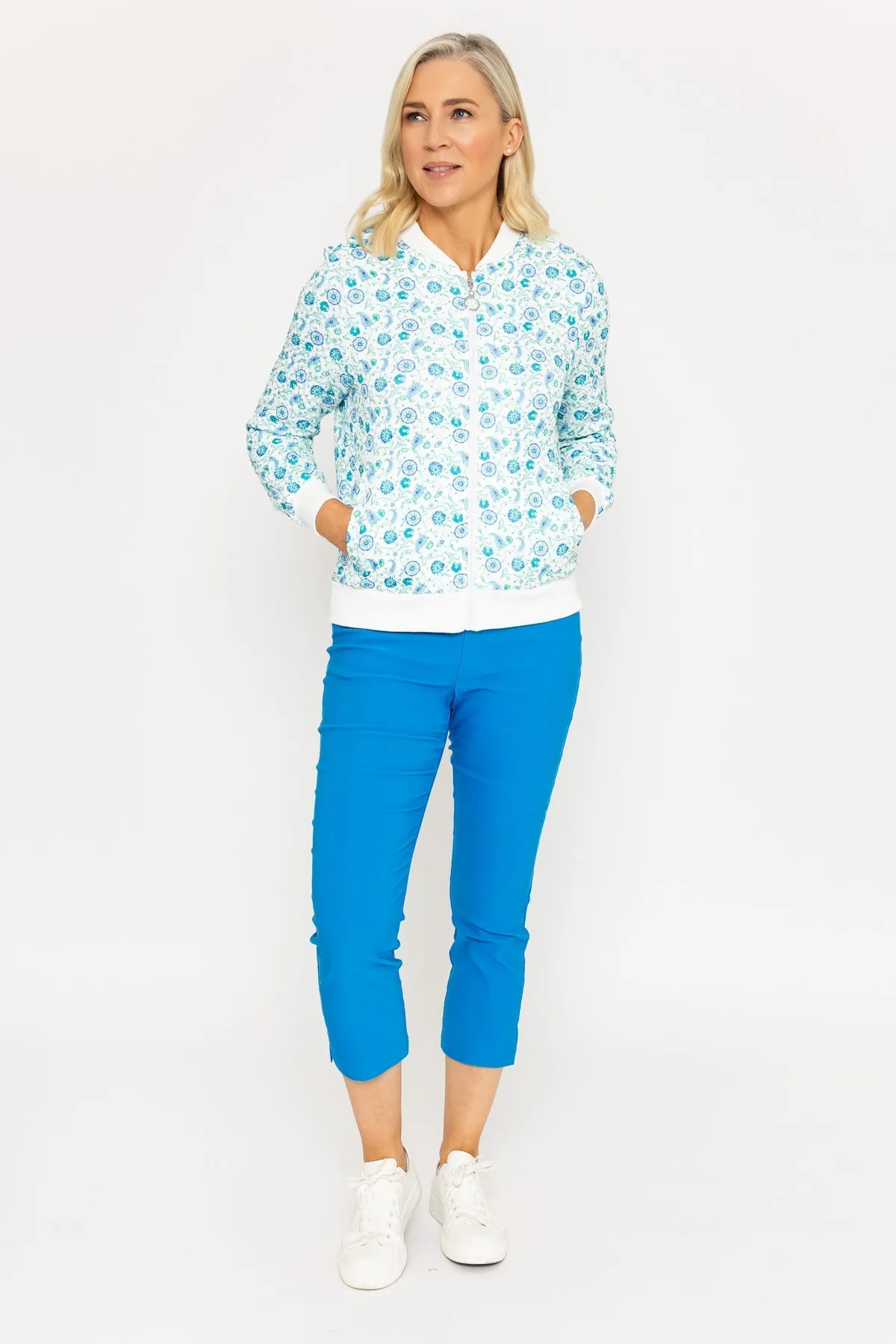 Textured Blue Print Bomber Jacket