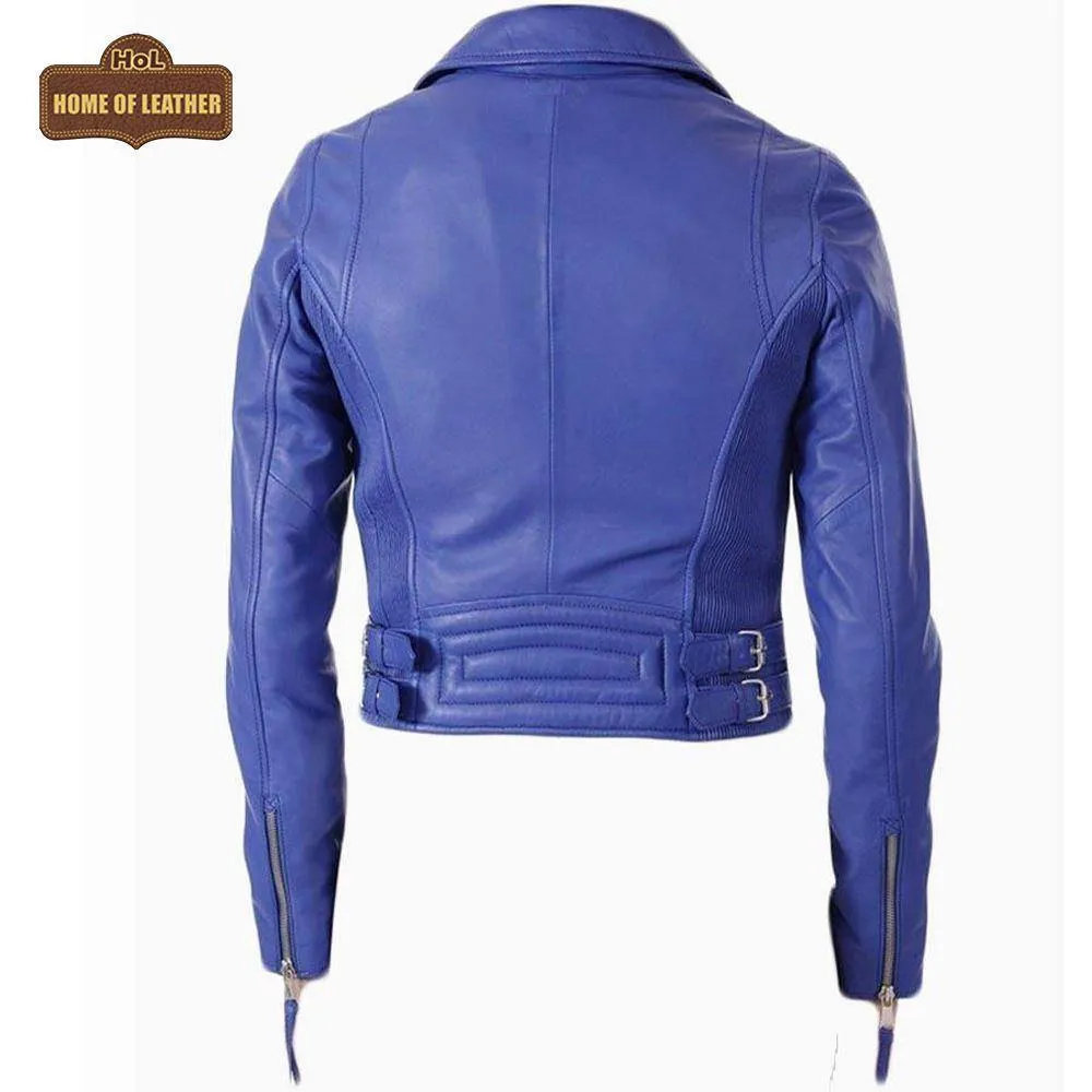 WLJ01 Blue Biker Motorcycle Wear Faux Leather Jacket For Women
