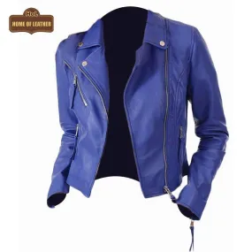WLJ01 Blue Biker Motorcycle Wear Faux Leather Jacket For Women