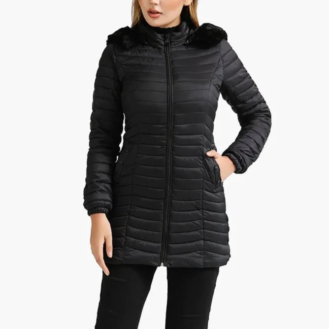 Zayla - Black Fur Hooded Puffer Parka Coat